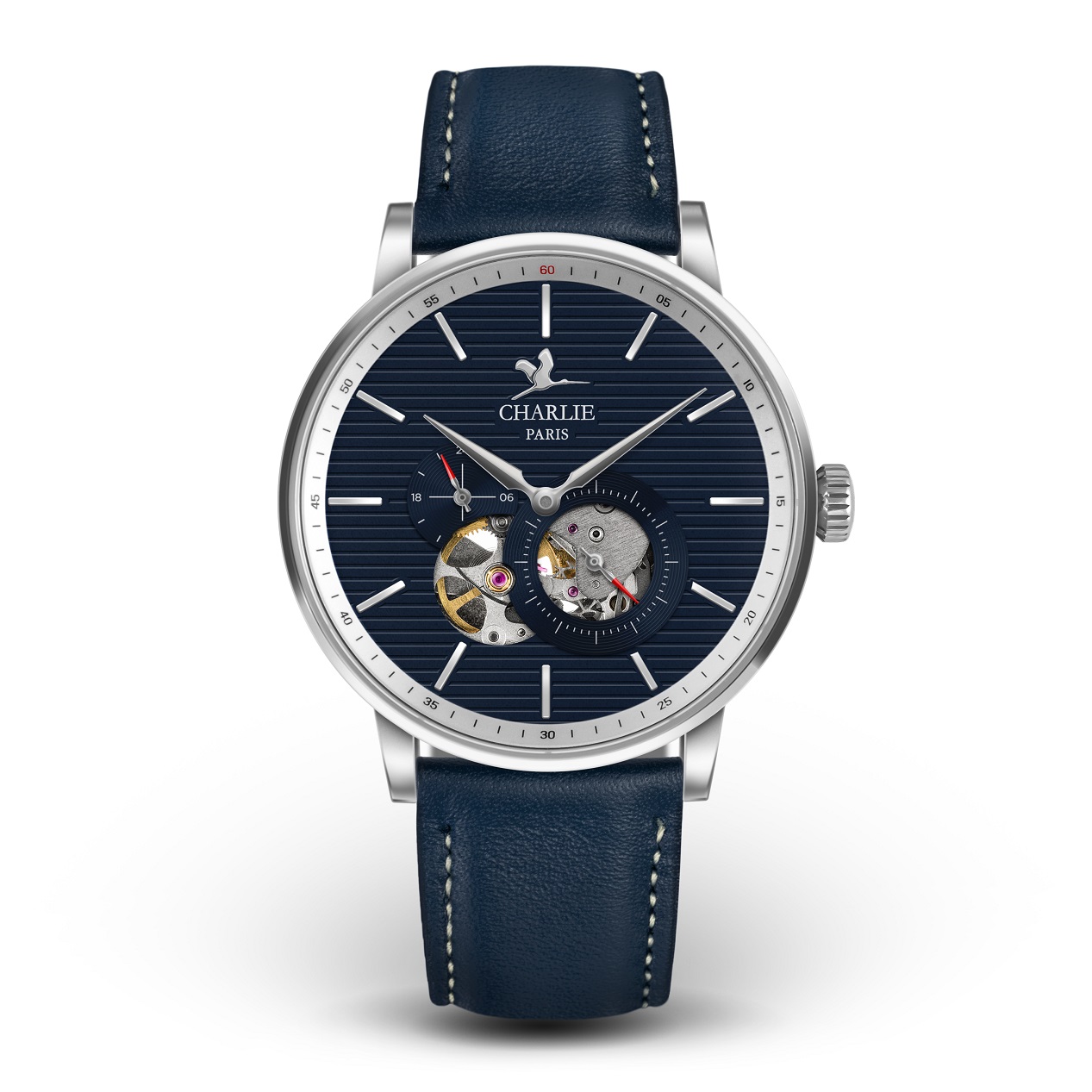 montre homme francaise automatique coeur ouvert squelette escale bleu blanc 12